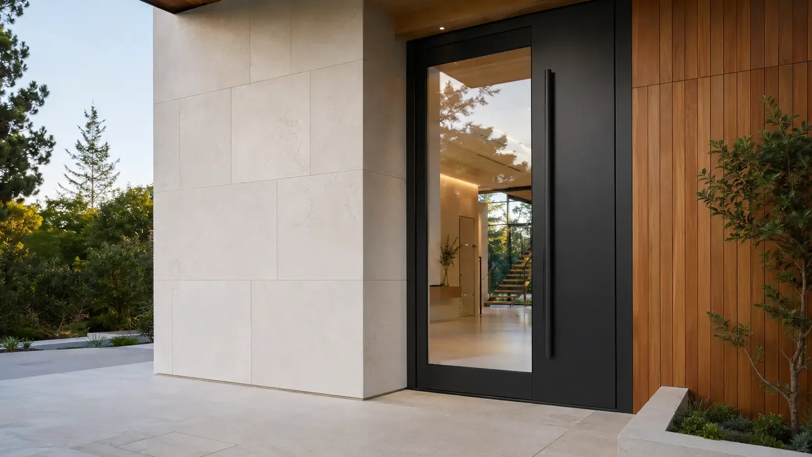 Modern black front door with clear smart glass revealing a bright contemporary entry.